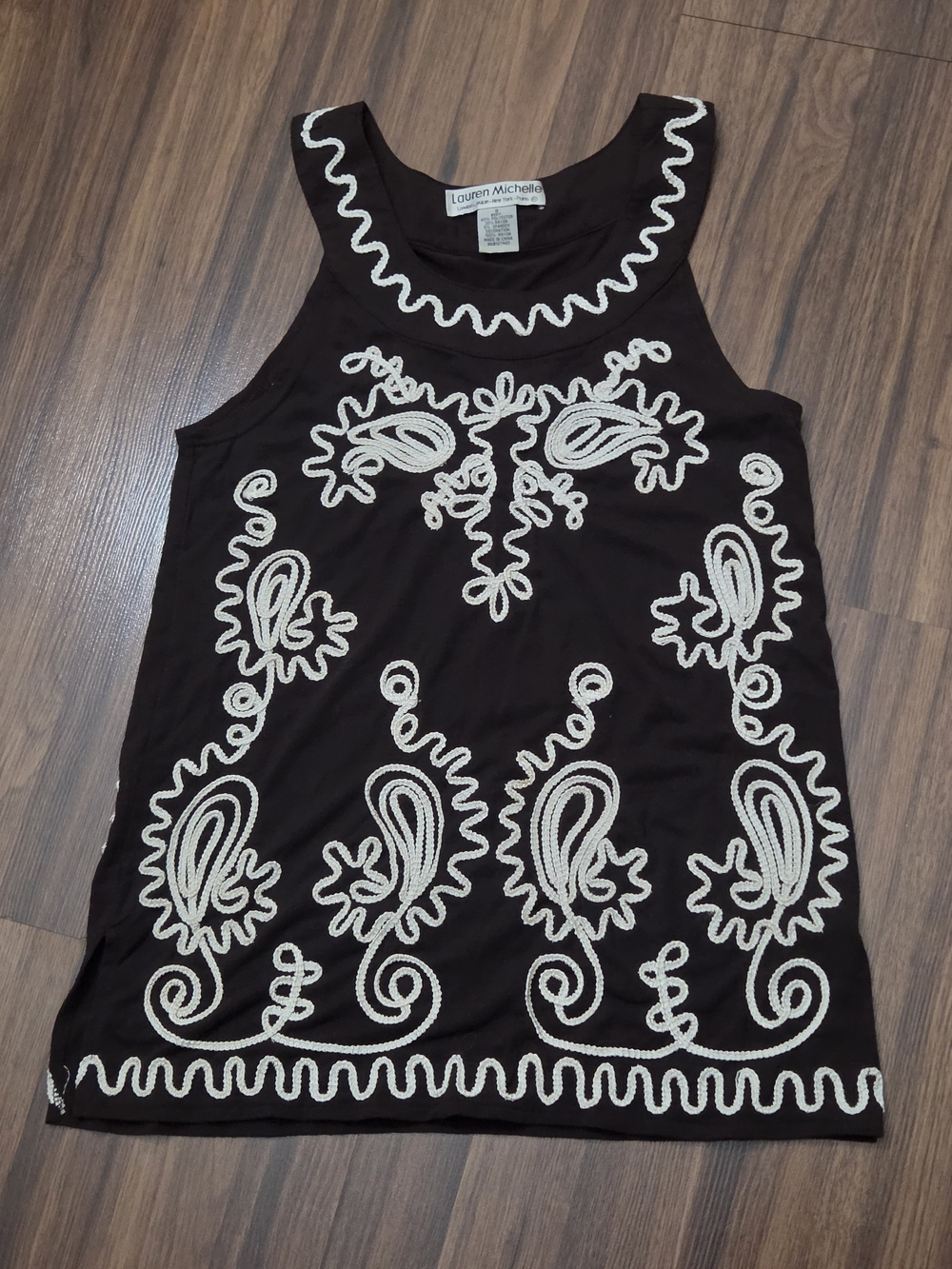 Lauren Michelle Brown Tank with Cream Embroidered Swirls